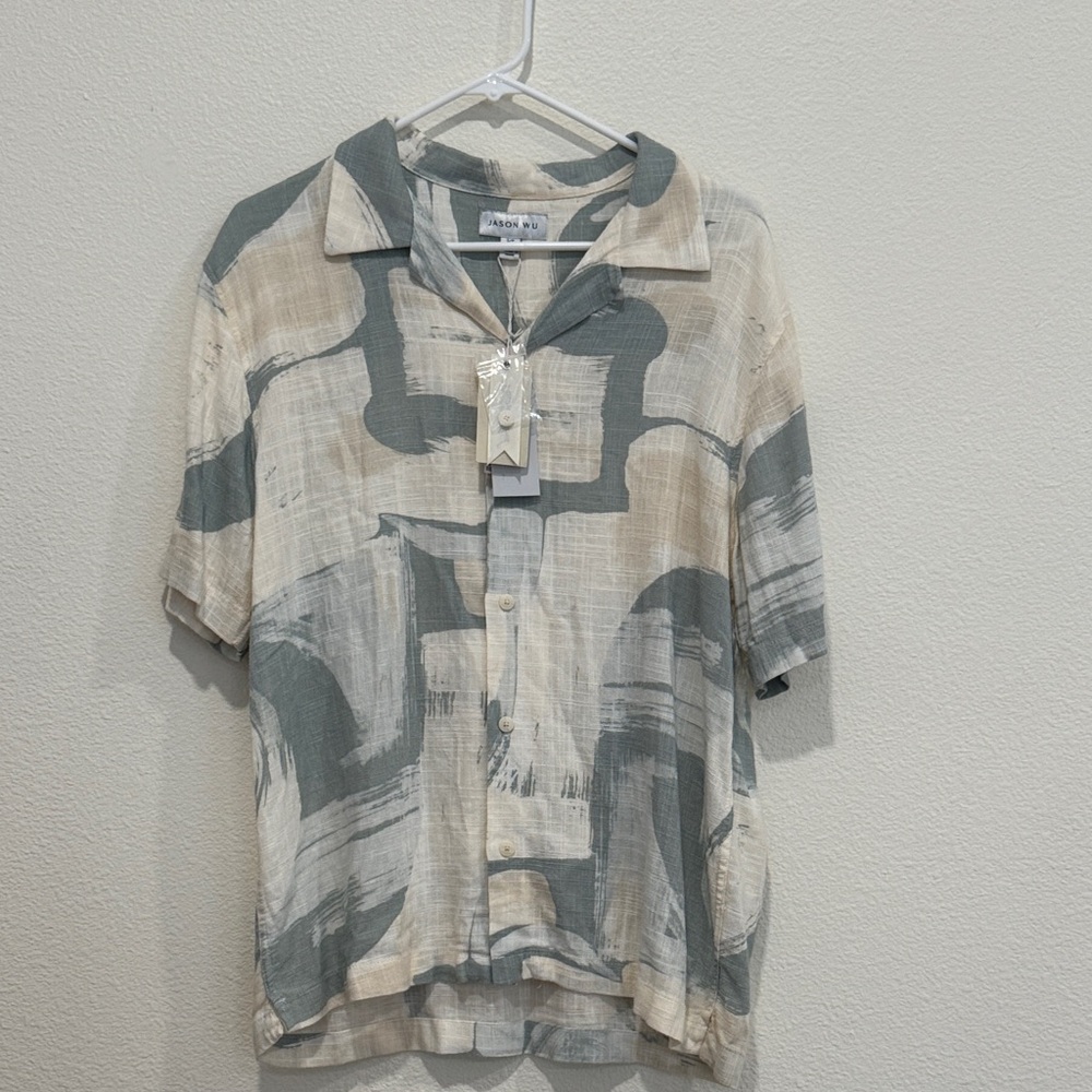 Jason Wu Artistic Green and Cream Casual button down short sleeve Shirt